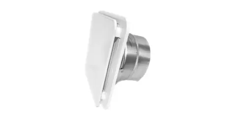 Bouche gainable plafond blanche, au design moderne, avec son conduit métallique.