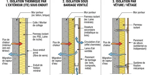 Diagramme comparant trois systèmes d'isolation extérieure maison : ITE sous enduit, bardage ventilé, et vêture.