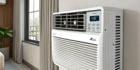 Clim discret blanc installé dans une pièce lumineuse, près d'une fenêtre avec des rideaux beiges.