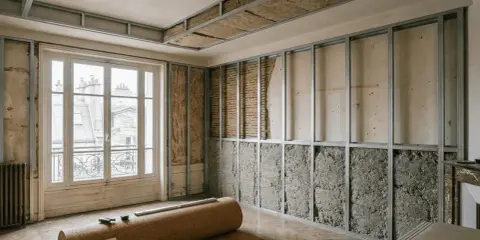 Travaux d'isolation dans un appartement : ossature métallique pour le plafond et les murs, matériaux isolants apparents.