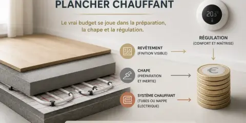 Coupe transversale d'un plancher chauffant montrant les couches: revêtement, chape, système de chauffage, avec schéma des coûts et thermostat.