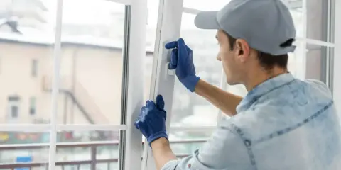 Un ouvrier ajuste une fenêtre pour isoler du froid. Il porte des gants bleus et une casquette grise.