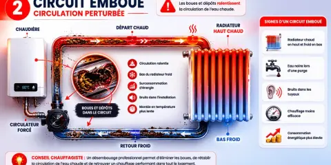 Schéma montrant comment les boues dans le circuit empêchent mes radiateurs de chauffer. L'eau chaude circule mal, le bas des radiateurs reste froid.
