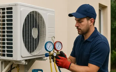 Un technicien vérifie la pression d'une unité extérieure de climatisation. C'est le bon moment pour savoir quand recharger clim maison.