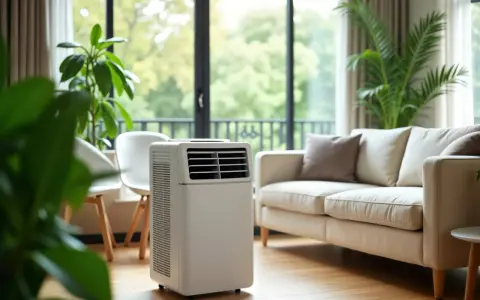 Climatiseur mobile blanc dans un salon lumineux, près d'un canapé beige et de plantes vertes. Idéal pour un confort optimal, même par temps chaud.