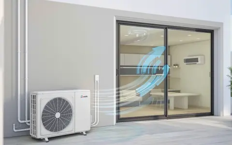 Unité extérieure d'un climatiseur, avec des flèches bleues symbolisant le flux d'air entrant dans une maison. Idéal pour gérer la température clim hiver.