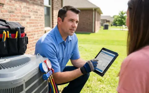 Un technicien discute du tarif dépannage climatisation avec un client, tablette à la main, près d'une unité extérieure.