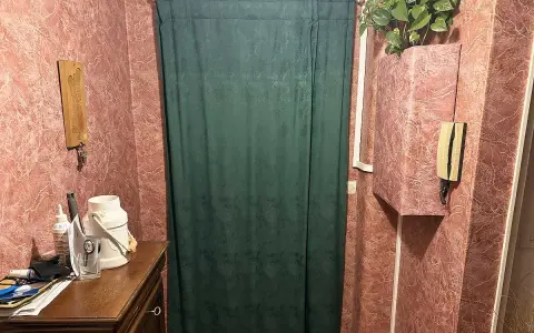 Rideau vert devant une porte, une idée pour comment isoler une porte. Meuble en bois, téléphone, plante verte.
