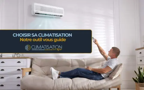 Un homme utilise une télécommande pour régler un climatiseur pour une pièce de 25m2. Le texte indique "Choisir sa climatisation".