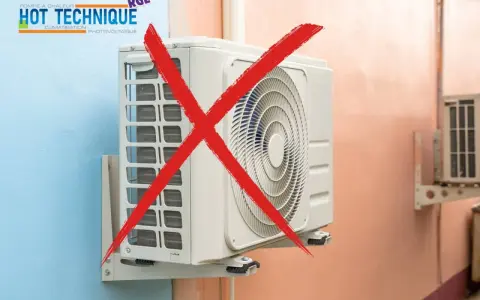 Un système split de climatisation est barré d'un gros X rouge.