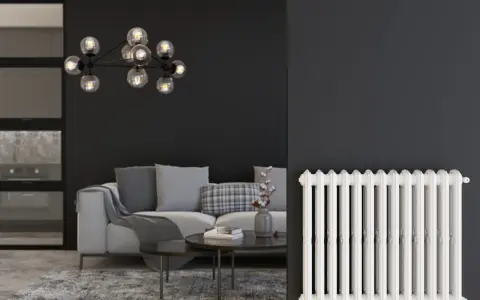 Un salon moderne avec un canapé gris, une table basse et un lustre design. À droite, un radiateur blanc classique, rappelant les anciens panneaux rayonnants.
