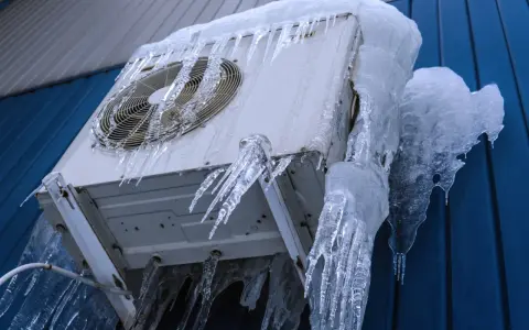 Unité intérieure clim qui givre, recouverte de stalactites de glace impressionnantes. L'appareil semble figé par le froid intense.