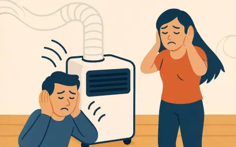 Un homme et une femme se bouchent les oreilles, dérangés par le niveau sonore d'un climatiseur mobile.