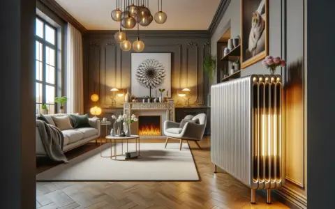 Un élégant salon moderne avec un canapé confortable, une cheminée et un radiateur électrique au design unique, illuminé de l'intérieur.