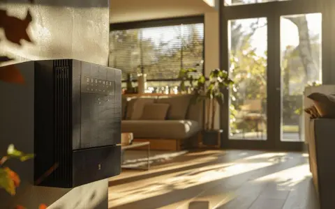 Un radiateur basse consommation noir, moderne, est fixé au mur d'un salon lumineux.