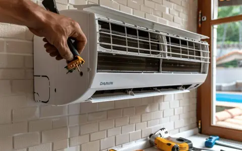 Main d'un technicien branchant un appareil Daikin. Prêt pour le mode chauffage clim Daikin.