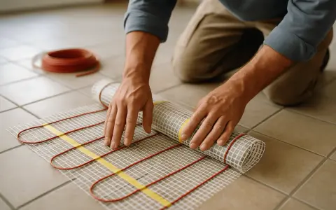 Pose d'un tapis chauffant pour plancher chauffant. La colle spéciale est prête pour la pose du carrelage.