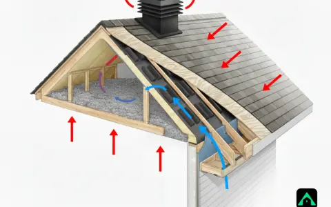 Schéma d'une toiture froide montrant la ventilation et l'isolation. Les flèches indiquent le flux d'air et la chaleur.