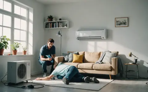 Deux hommes s'occupent d'une unité extérieure de climatisation, peut-être en raison d'une panne de climatisation. L'un est penché sur l'appareil, l'autre consulte une tablette.