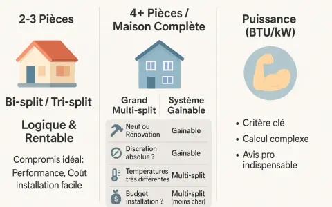 Comparaison de systèmes de climatisation : bi-split pour 2-3 pièces, multi-split pour maisons complètes, et puissance. La technologie inverter est clé pour un calcul complexe.