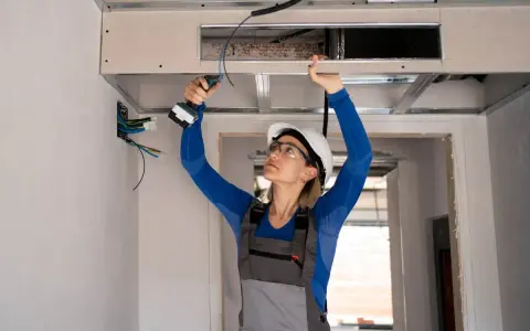 Installation d'un système de climatisation gainable plafond. Une ouvrière visse une plaque de plâtre.