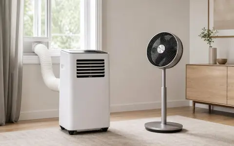 Un climatiseur sans évacuation, avec son tuyau dirigé vers la fenêtre, et un ventilateur sur pied dans une pièce lumineuse.