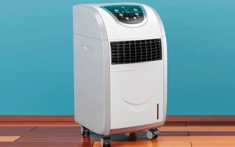 Climatiseur mobile appartement blanc, sur roulettes, avec écran de contrôle bleu. Idéal pour rafraîchir votre espace.