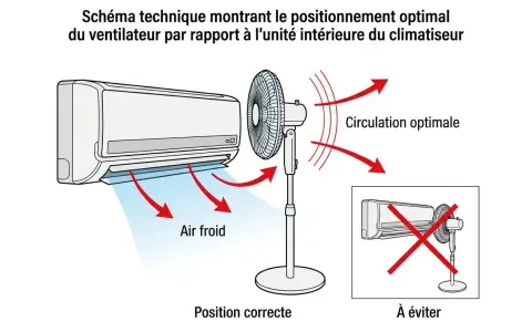 Schéma montrant le positionnement idéal d'un ventilateur pour une circulation optimale de l'air froid du climatiseur en mode auto.