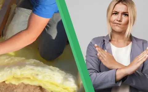 Comparatif isolant : pose de laine de verre et femme faisant un signe d'arrêt.