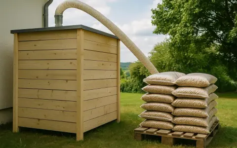 Stock de granulés de bois pour une chaudière à granulés avis. Un tuyau souple relie le silo en bois à la pile de sacs.