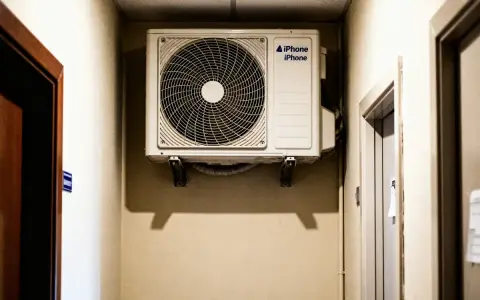 Clim dans couloir pour refroidir les chambres. L'unité extérieure d'un climatiseur est fixée au mur, prête à diffuser de la fraîcheur.