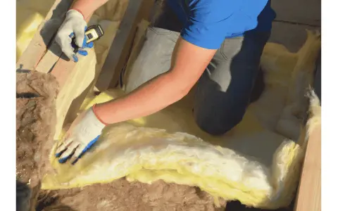 Pose d'isolant jaune entre les solives pour l'isolation plancher bas. Gants blancs et bleus, mètre en main.