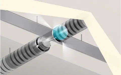 Schéma d'installation d'une clim réversible gainable : conduits métalliques fixés au plafond, avec une zone de diffusion d'air bleuée.