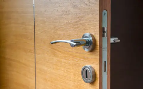 Porte isolante thermique entre garage et maison, en bois clair avec poignée chromée.