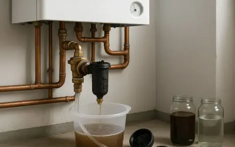 Nettoyage du circuit d'un plancher chauffant : de l'eau boueuse s'écoule d'un filtre vers un seau, montrant l'importance du désembouage.