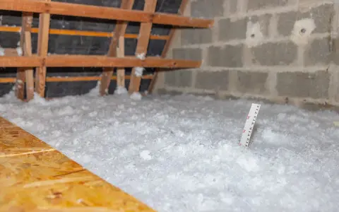 Isolation des combles par soufflage : une épaisse couche d'isolant blanc recouvre le sol, une règle mesure l'épaisseur.