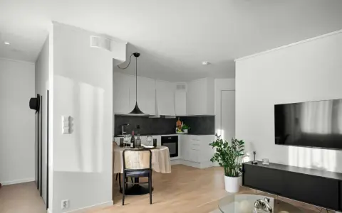 Un studio moderne avec cuisine, coin repas et salon. Un climatiseur discret est installé au plafond, assurant le confort.