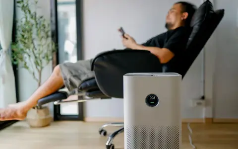 Un homme se repose dans un fauteuil, une plante verte à côté. Un purificateur d'air est au premier plan. Peut-on coucher une clim mobile ? Non, cet appareil est conçu pour rester debout.