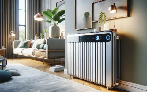 Radiateur moderne au design épuré, idéal pour un salon. Son écran affiche 20°C, suggérant le confort thermique.