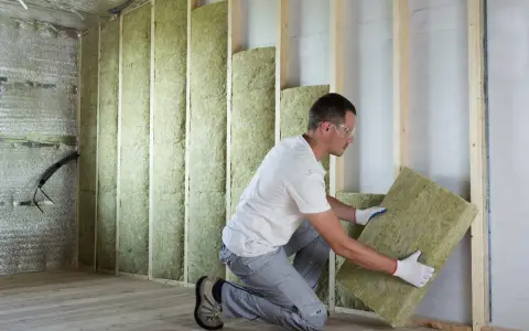 Un ouvrier installe des panneaux d'isolant minéral pour le **cout isolation interieur**. Le mur est en cours de construction, avec des montants en bois et une isolation déjà en place.