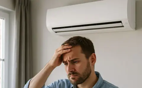 Un homme inquiet touche son front sous une unité de climatisation murale, peut-être en attendant une installation climatisation.