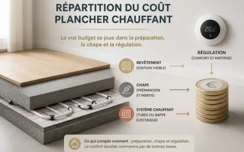 Coupe transversale d'un plancher chauffant montrant les couches: revêtement, chape, système de chauffage, avec schéma des coûts et thermostat.