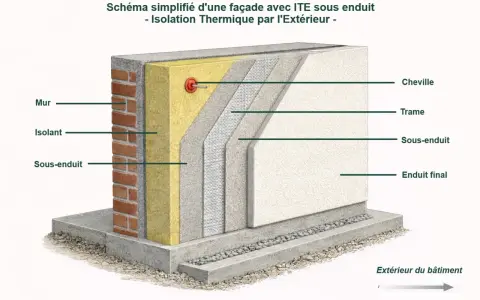Coupe d'une façade montrant le ravalement avec isolation extérieure (ITE) : mur, isolant, sous-enduit, trame, et enduit final.