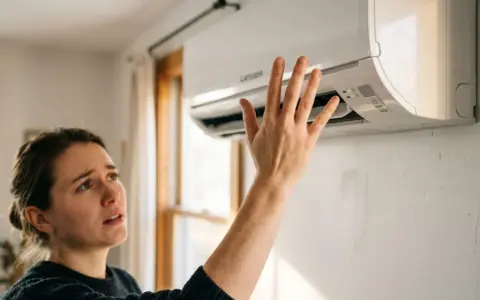 Une femme vérifie son clim qui souffle un air chaud, l'air désemparé.