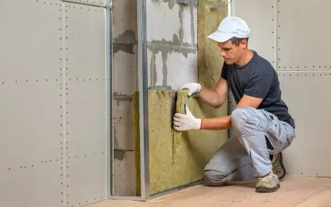 Un ouvrier installe un isolant minéral pour l'isolation mur intérieur. Le chantier progresse.