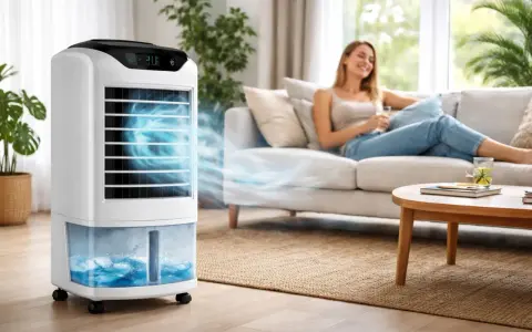 Climatiseur mobile sans évacuation diffusant une brise fraîche. Une femme détendue sur un canapé, profitant du confort.