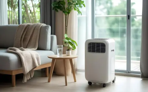 Un salon confortable avec un canapé douillet, une plante verte et un climatiseur mobile puissant pour un confort optimal.