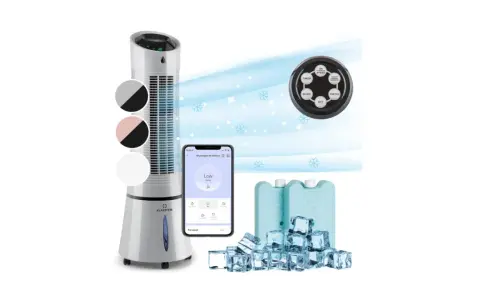 Le Klarstein climatiseur sans évacuation, avec télécommande et application mobile, accompagné de blocs de glace pour un maximum de fraîcheur.