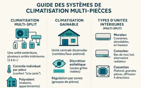 Guide des systèmes de climatisation multi-pièces : un split extérieur pour plusieurs unités intérieures, avec différents types d'unités intérieures (murales, consoles, cassettes).