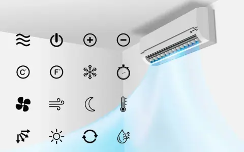 Climatiseur diffusant de l'air frais. Icônes de réglage : température, ventilateur, minuterie, et voyant flocon de neige signification de froid.